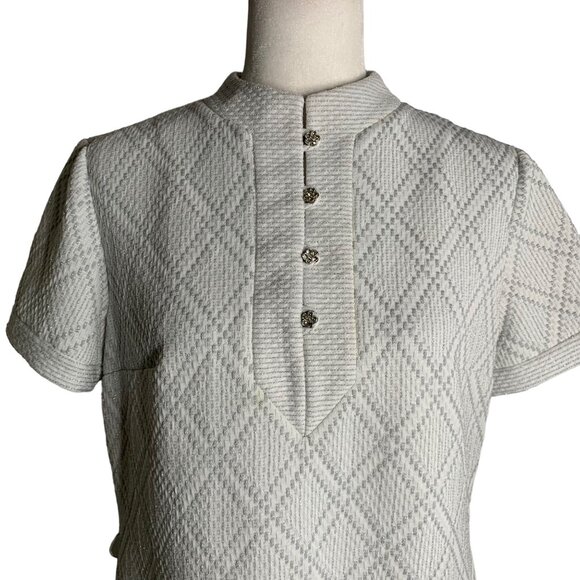 Vintage 60s R&K Knits Mod Sheath Dress M White Metallic Silver Rhinestones Zip - Picture 2 of 7